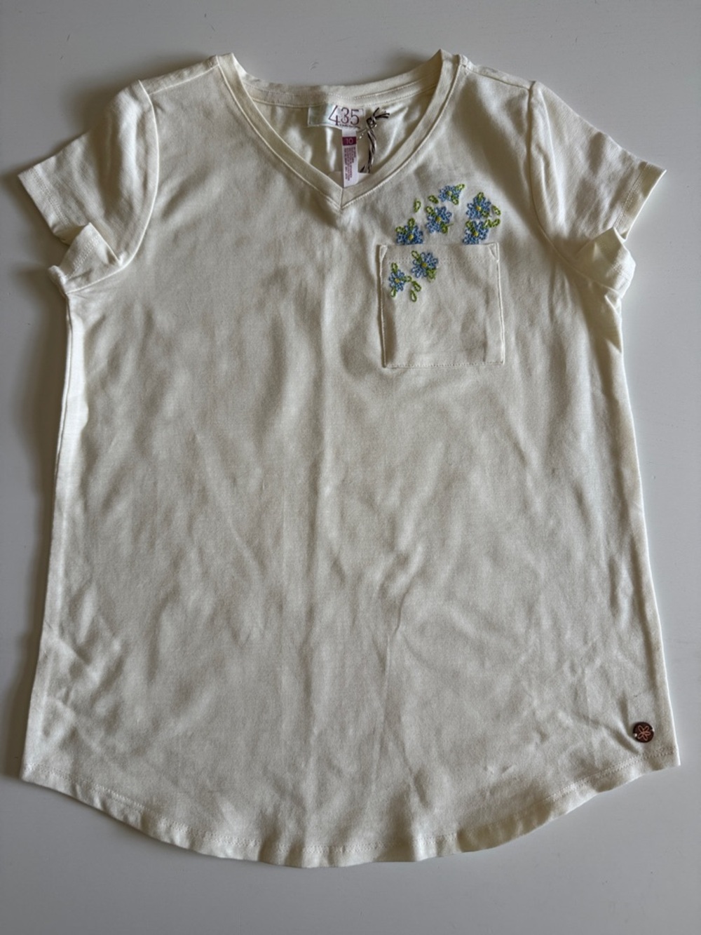 Matilda Jane Cream Short Sleeve V-Neck Tee with Blue & Green Floral Embroidery